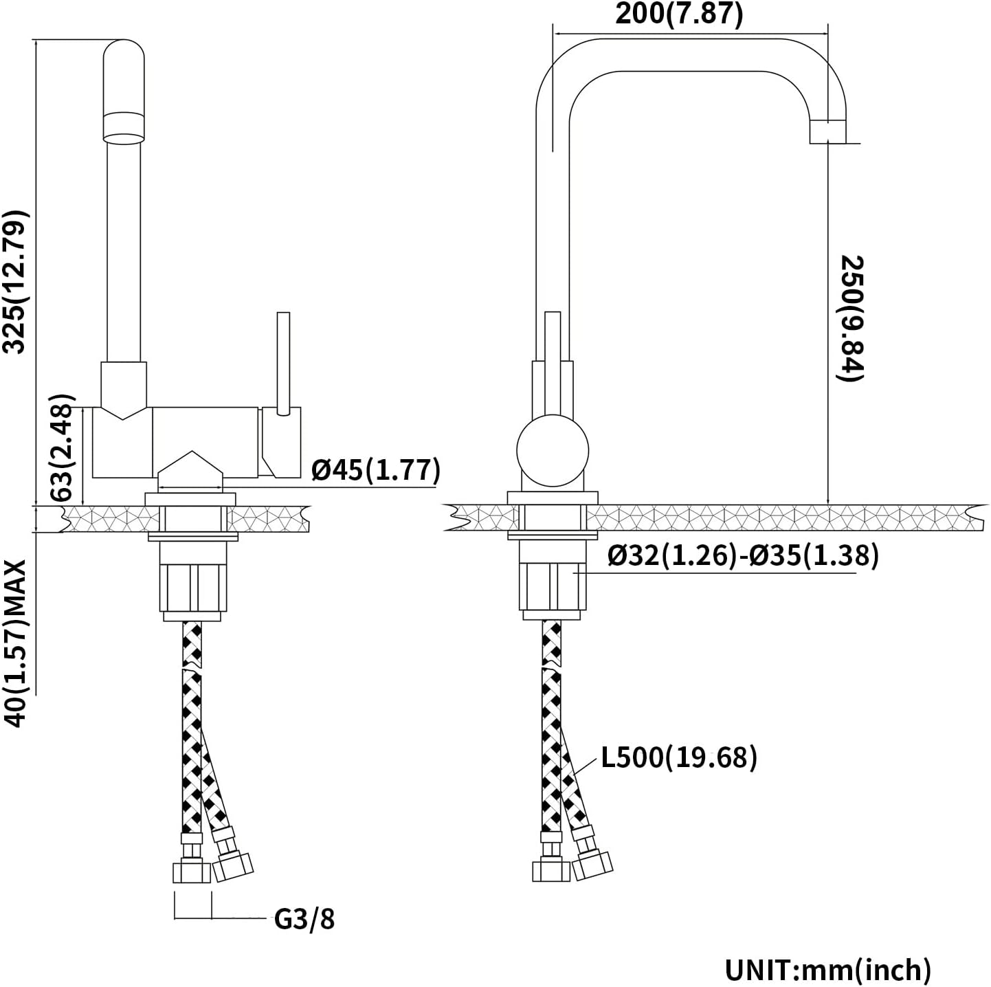 Altura caño grifo abatible